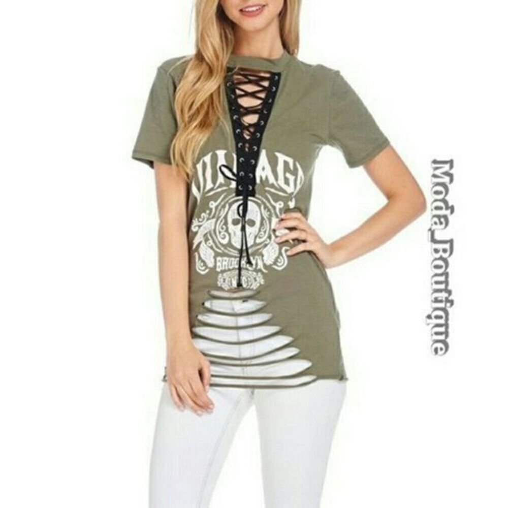 Olive Laser Cut, Lace-Up Top